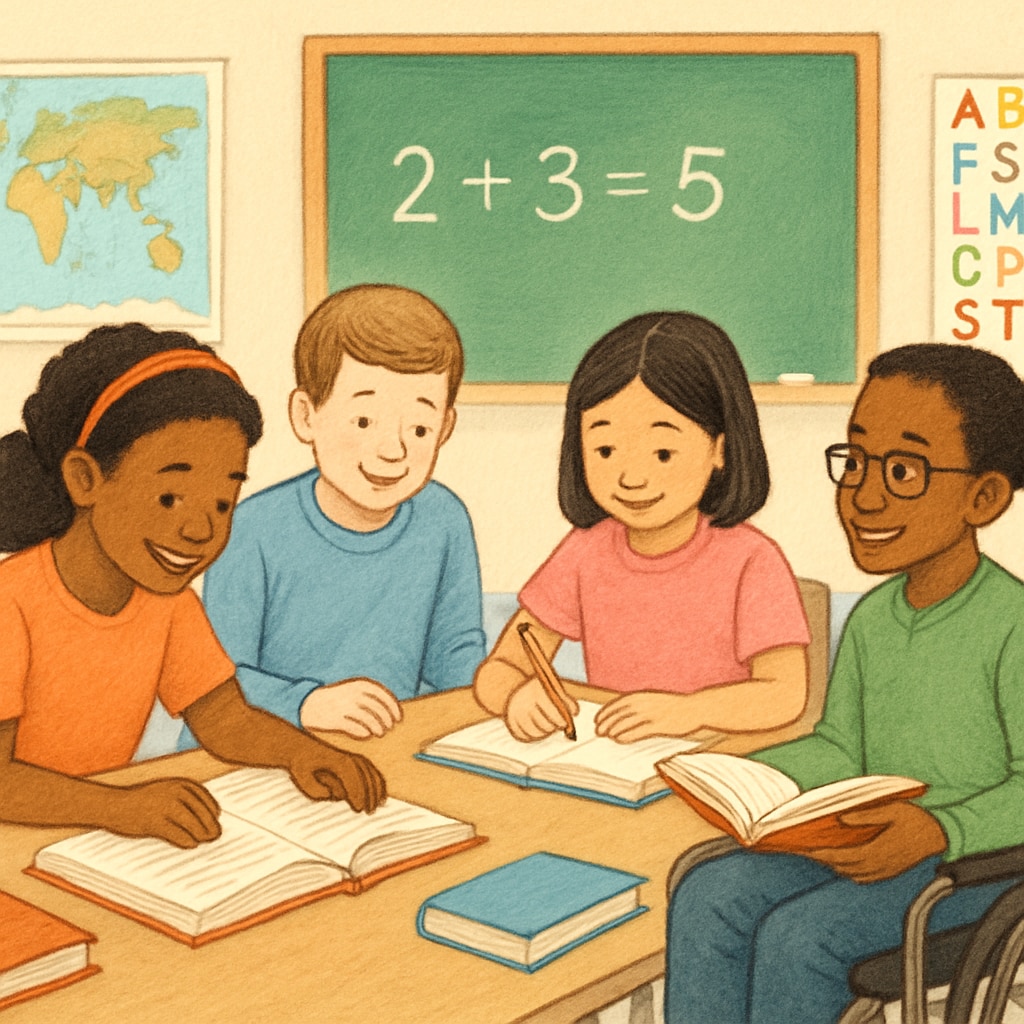 A diverse group of students in a classroom, highlighting the importance of equitable school environments. Students in a classroom showcasing diversity and equity.