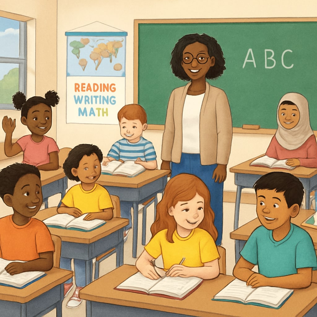 A classroom of students in a public school, representing diversity and inclusivity. Public school classroom with diverse students engaged in learning, emphasizing inclusivity.