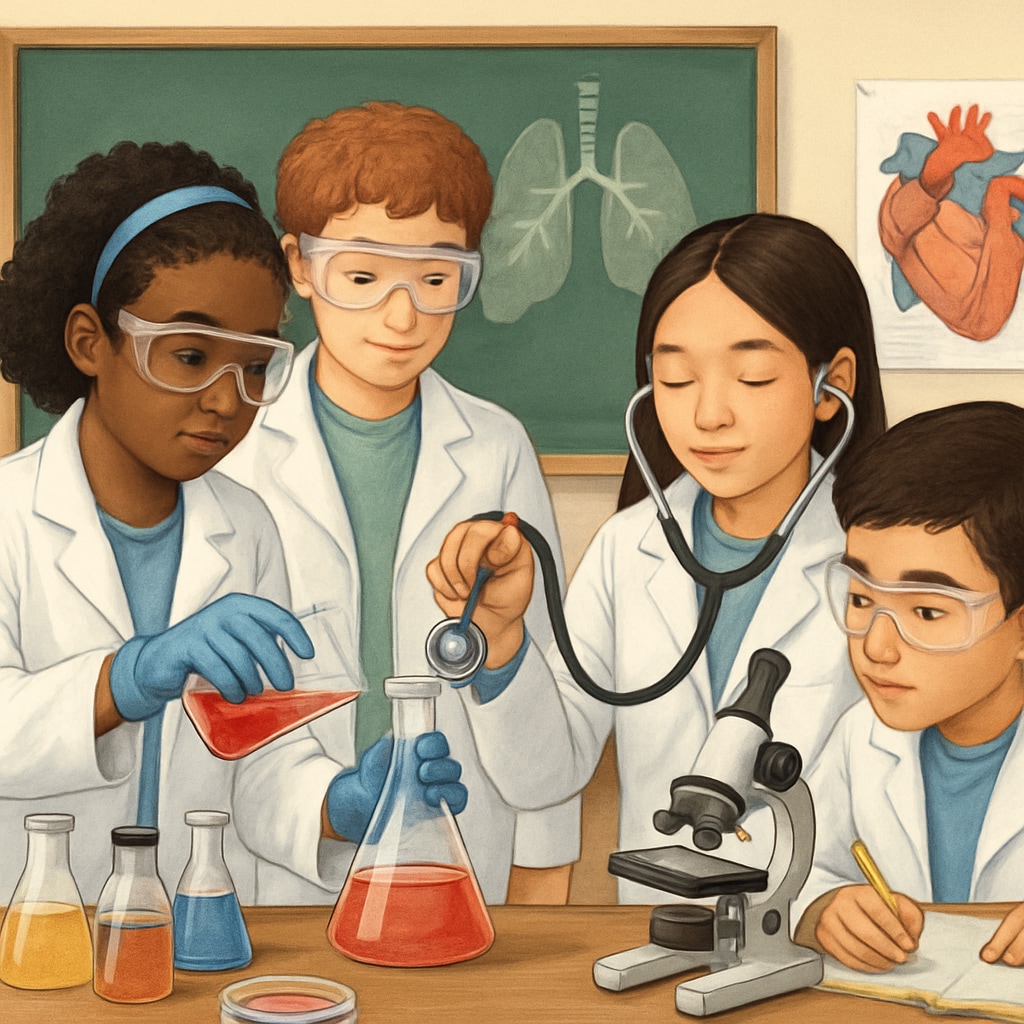 A group of diverse K12 students engaged in a science experiment, symbolizing medical education. K12 students experimenting with science tools, representing medical education for non-medical backgrounds.