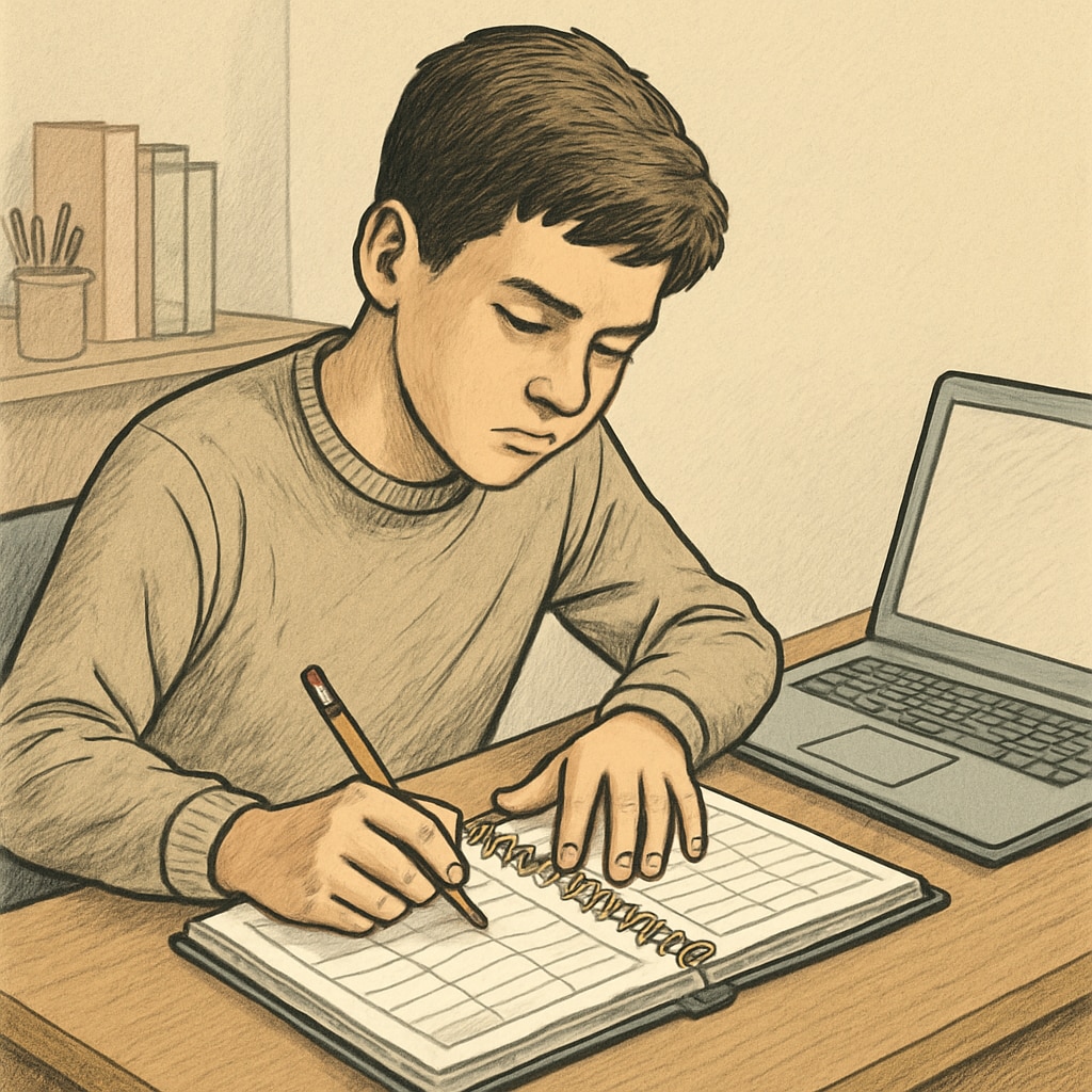 A teenager sitting at their desk with a planner and laptop, focusing on studies. The image emphasizes self-directed learning habits. Teen practicing self-directed learning habits with planner and laptop.