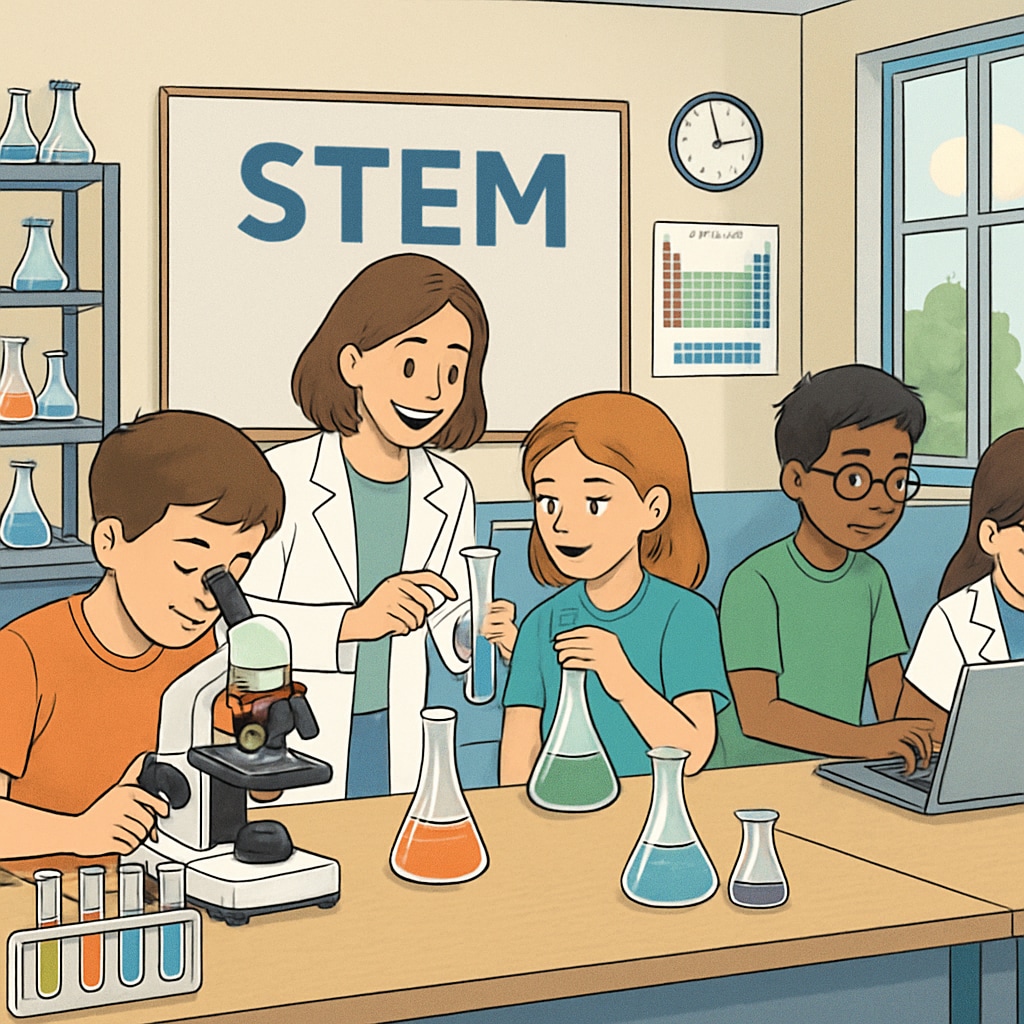 A STEM lab in a public school showcasing modern equipment and engaged students. STEM lab in a public school with modern resources and hands-on student activities.