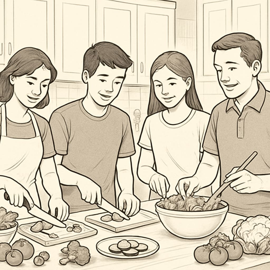 A family cooking a healthy meal together in a kitchen. The image highlights the importance of nutrition for teens. Family cooking a healthy meal together for teen nutrition.