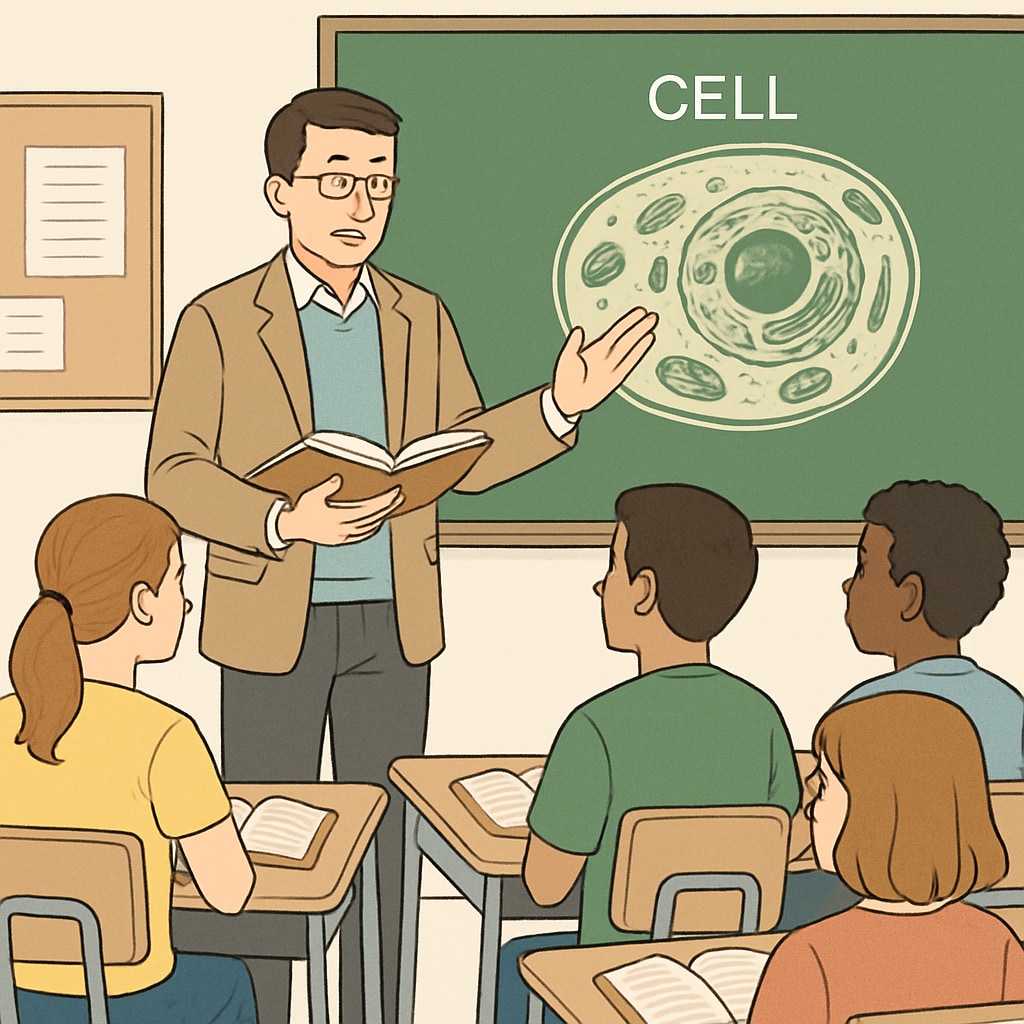 A teacher discussing biology concepts with students, illustrating the transition from biology to education.