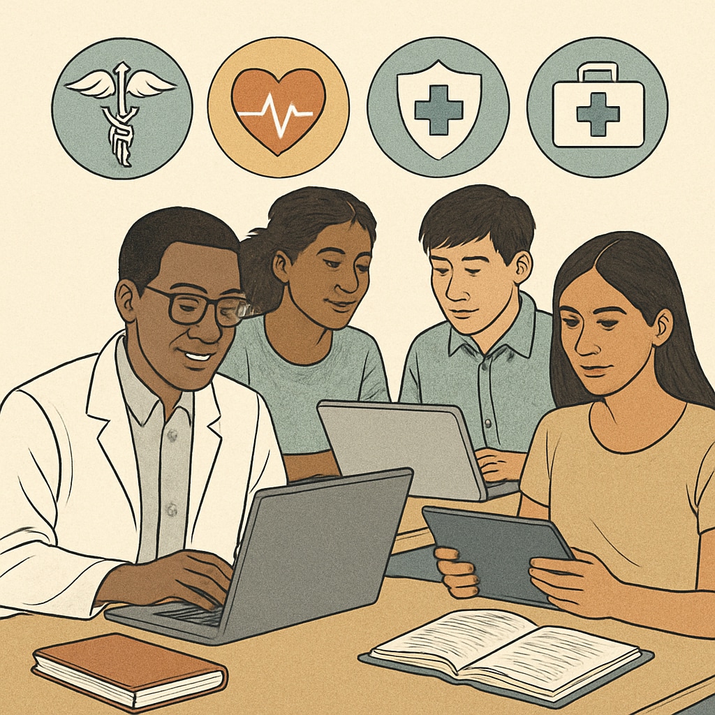 A diverse group of individuals studying healthcare topics on laptops and tablets, symbolizing accessibility. Diverse individuals learning healthcare topics online, representing accessible medical education for non-medical backgrounds.