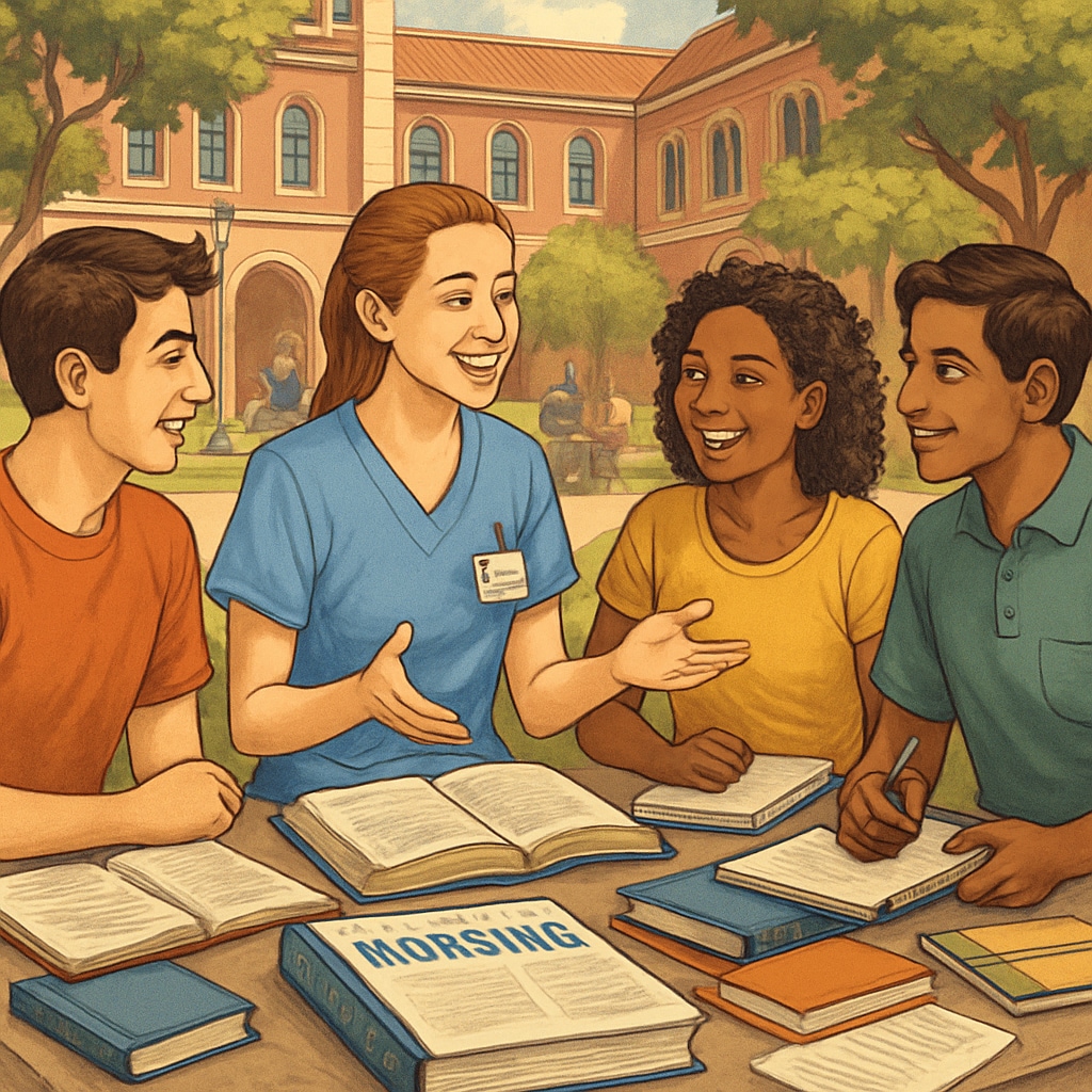 A nursing student engaging in a lively campus discussion with peers in a university courtyard, symbolizing the balance between academic and social life. Nursing student in university courtyard discussing with peers, representing nursing transfer balance.