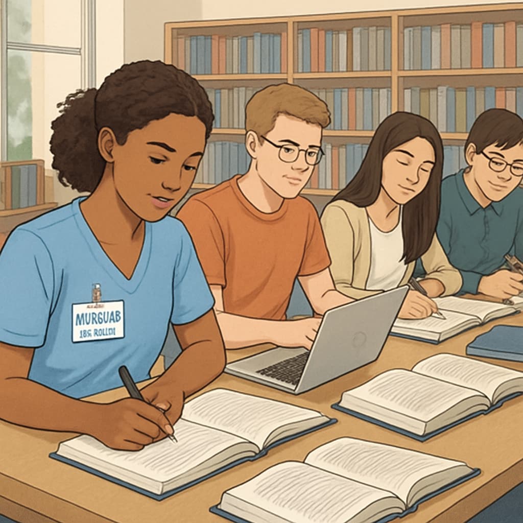 A nursing transfer student studying with friends in a library, surrounded by textbooks and laptops, showcasing academic dedication and collaboration. Nursing transfer student studying with peers, demonstrating collaboration and academic focus.