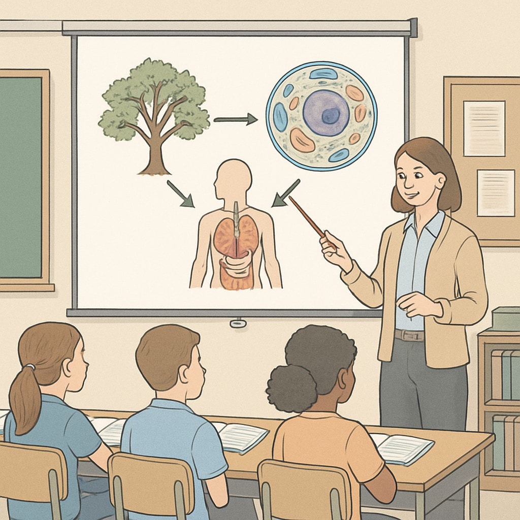 A classroom setting with a teacher explaining a biological concept to students, emphasizing the connection between biology and education. Biology and education connection in classroom setting