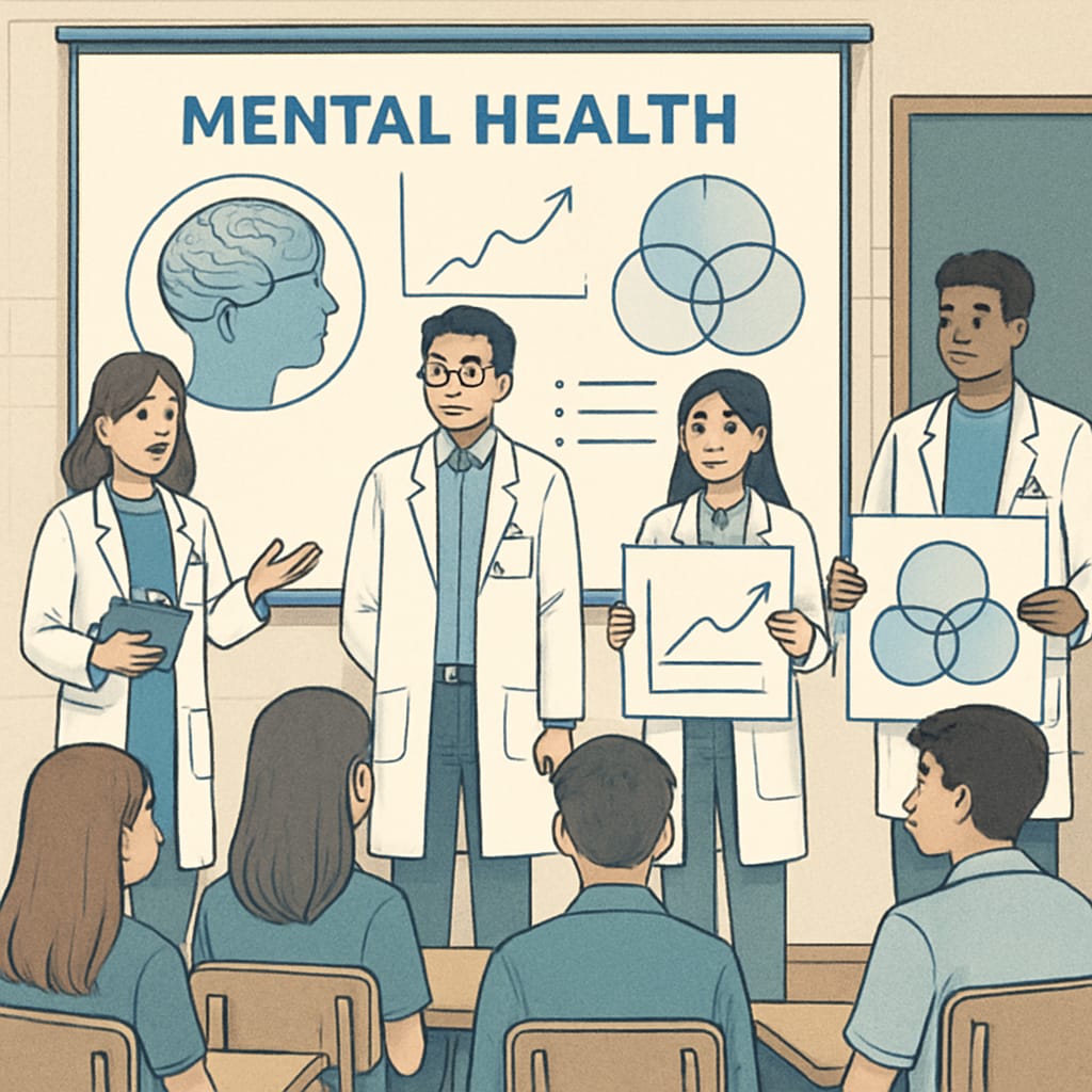 A group of medical students delivering a presentation on mental health to a high school audience. Medical students presenting a mental health assembly to high school students.