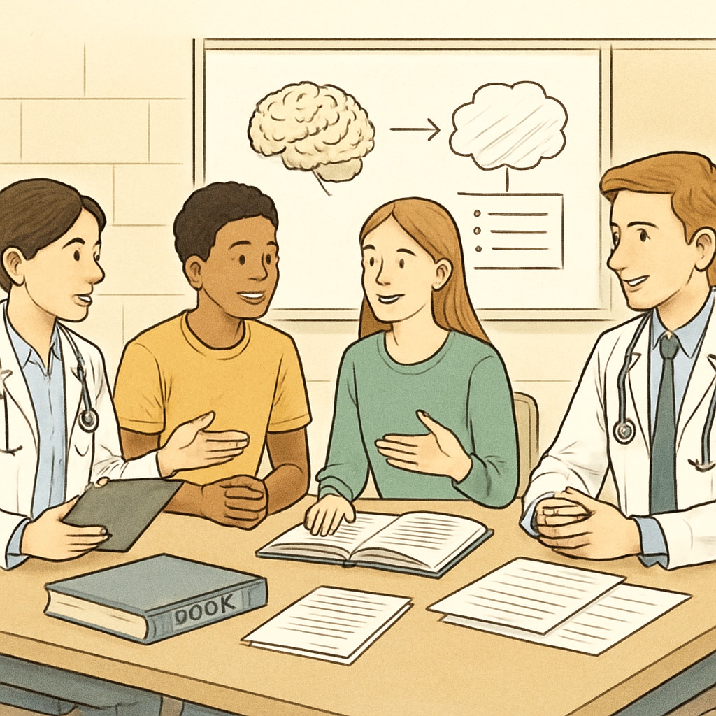 Medical students interacting with high school students during a mental health workshop. Medical students engaging with high school students in a mental health workshop.