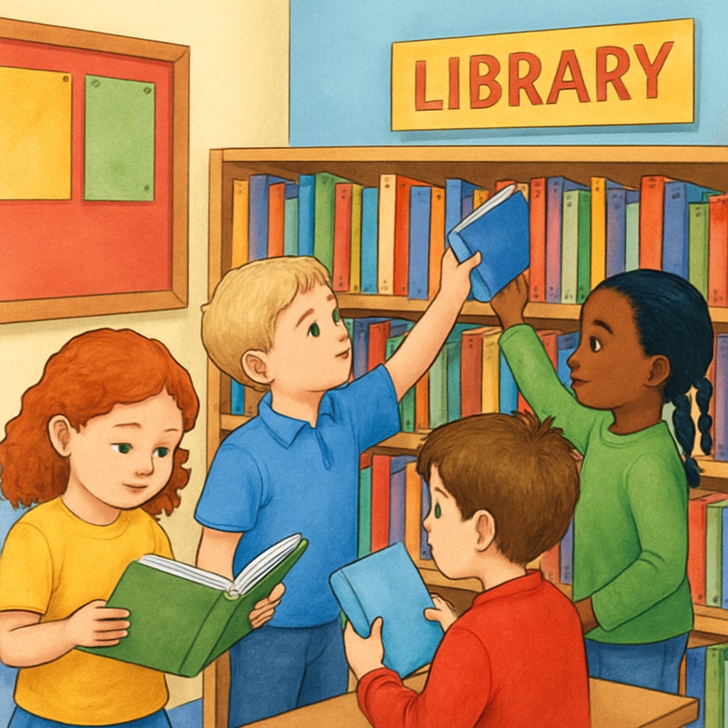 A classroom setting where children are choosing books from a colorful library shelf. Young students selecting books in a colorful library to improve reading comprehension and engagement.