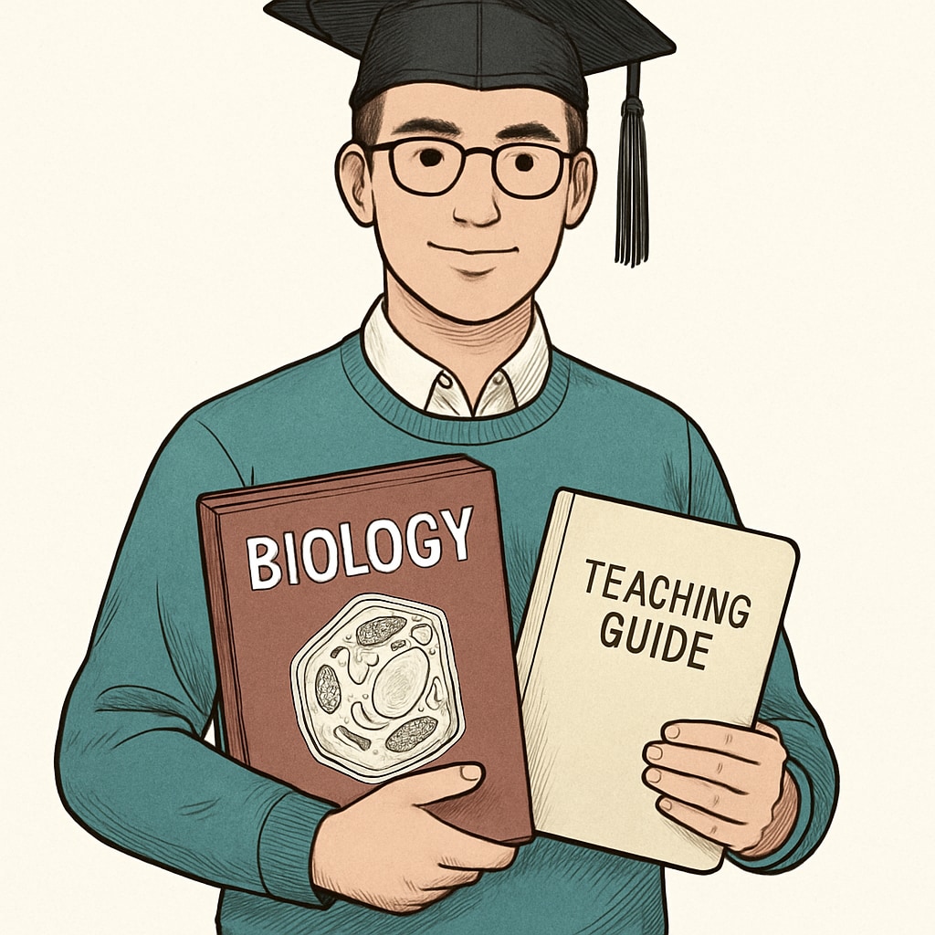 A graduate student with a biology textbook and a teaching guide, symbolizing the transition from science to education. Biology graduate transitioning to education master's with textbooks.