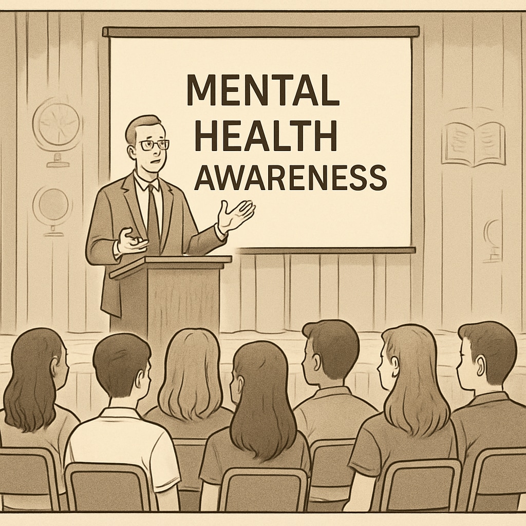 A group of high school students attentively listening to a speaker in a school auditorium, emphasizing the importance of mental health awareness. High school students listening to a mental health assembly.