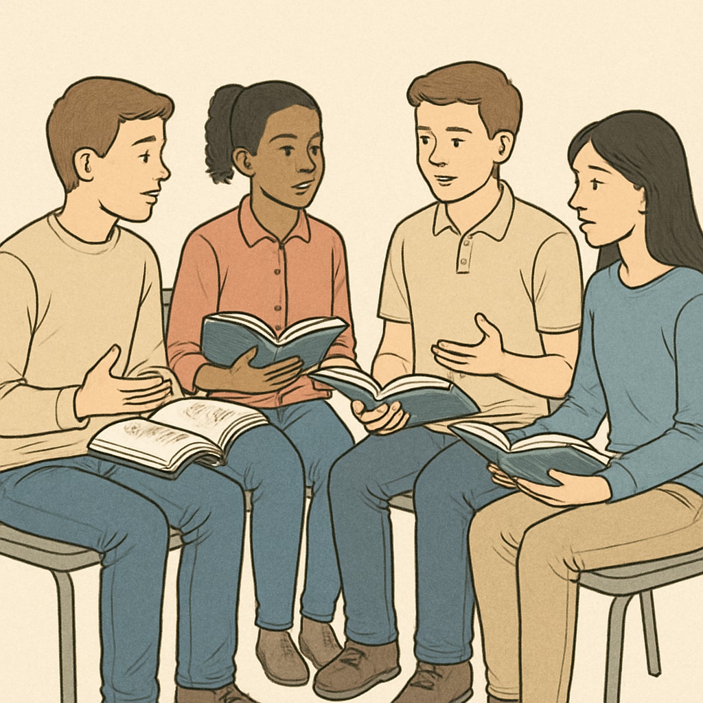 A group of students engaged in a book club discussion, sitting in a circle with books in hand. Students discussing their favorite books in a collaborative book club to enhance reading interest.