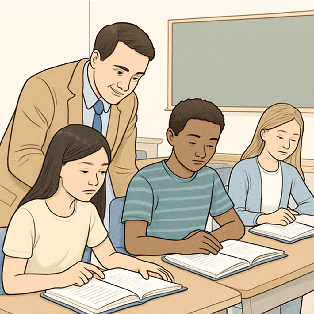 A teacher assisting students in a classroom setting, with textbooks open on their desks. This image represents the collaborative nature of the project. Teacher helping students with reading comprehension and assessing text complexity.