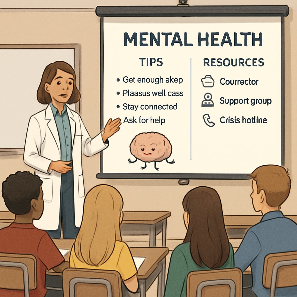A medical student speaking to a classroom of high school students using a projector, with slides displaying mental health tips and resources. Medical student presenting mental health tips to high school students.