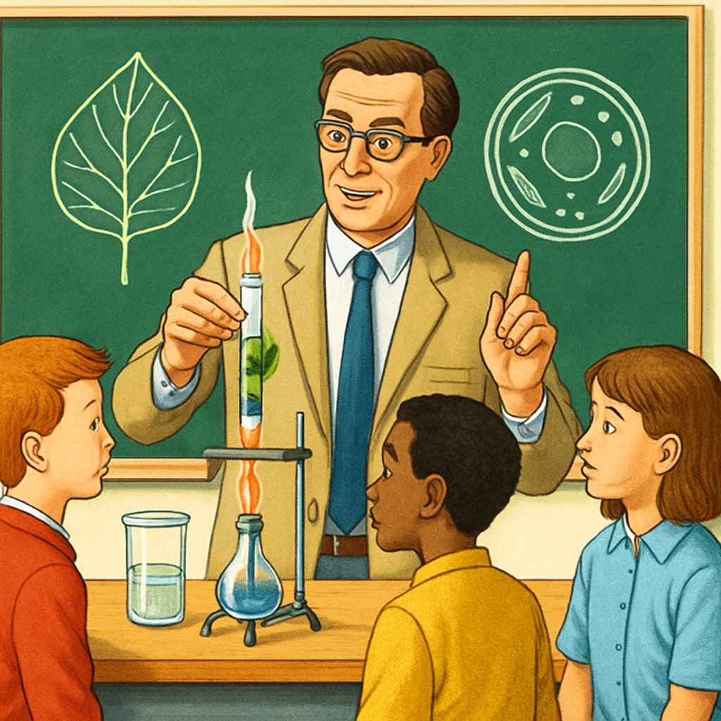 A classroom setting with a teacher conducting a science experiment, illustrating the integration of biology knowledge into education. Science teacher combining biology knowledge in the classroom.