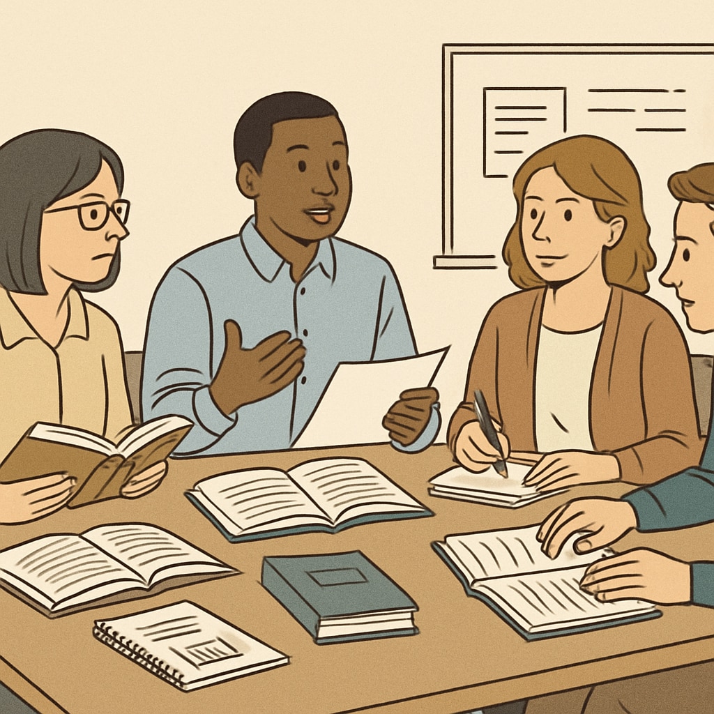 A group of teachers discussing reading materials during a workshop. This image highlights the research collaboration process. Teachers evaluating reading materials for text complexity in a workshop.