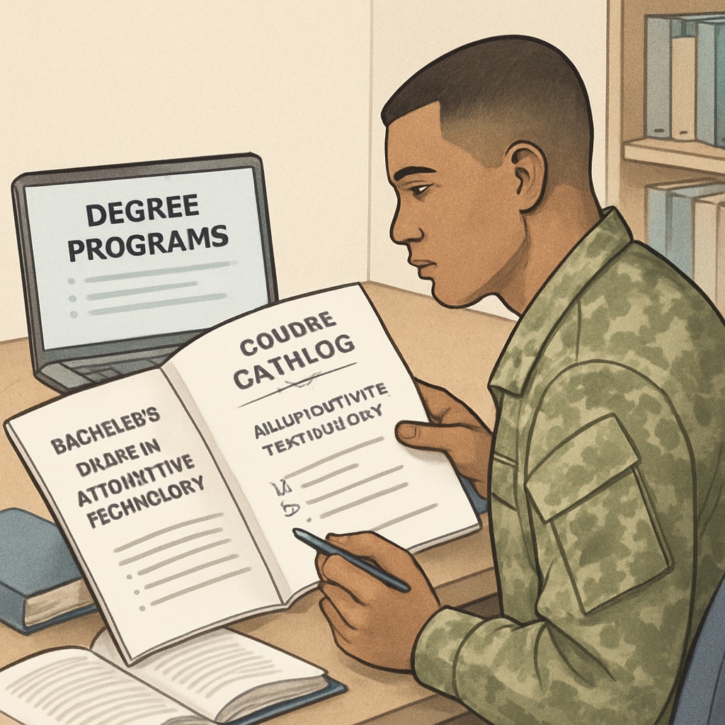 A military student reviewing course options for a bachelor's degree in automotive technology. Military student planning bachelor's degree in automotive technology.