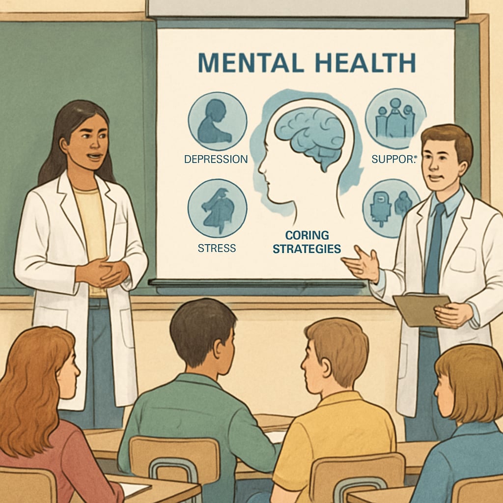 Medical students giving a presentation in a classroom setting to high school students. A whiteboard or projector displays mental health-related content. Medical students conducting a mental health workshop in a high school classroom.