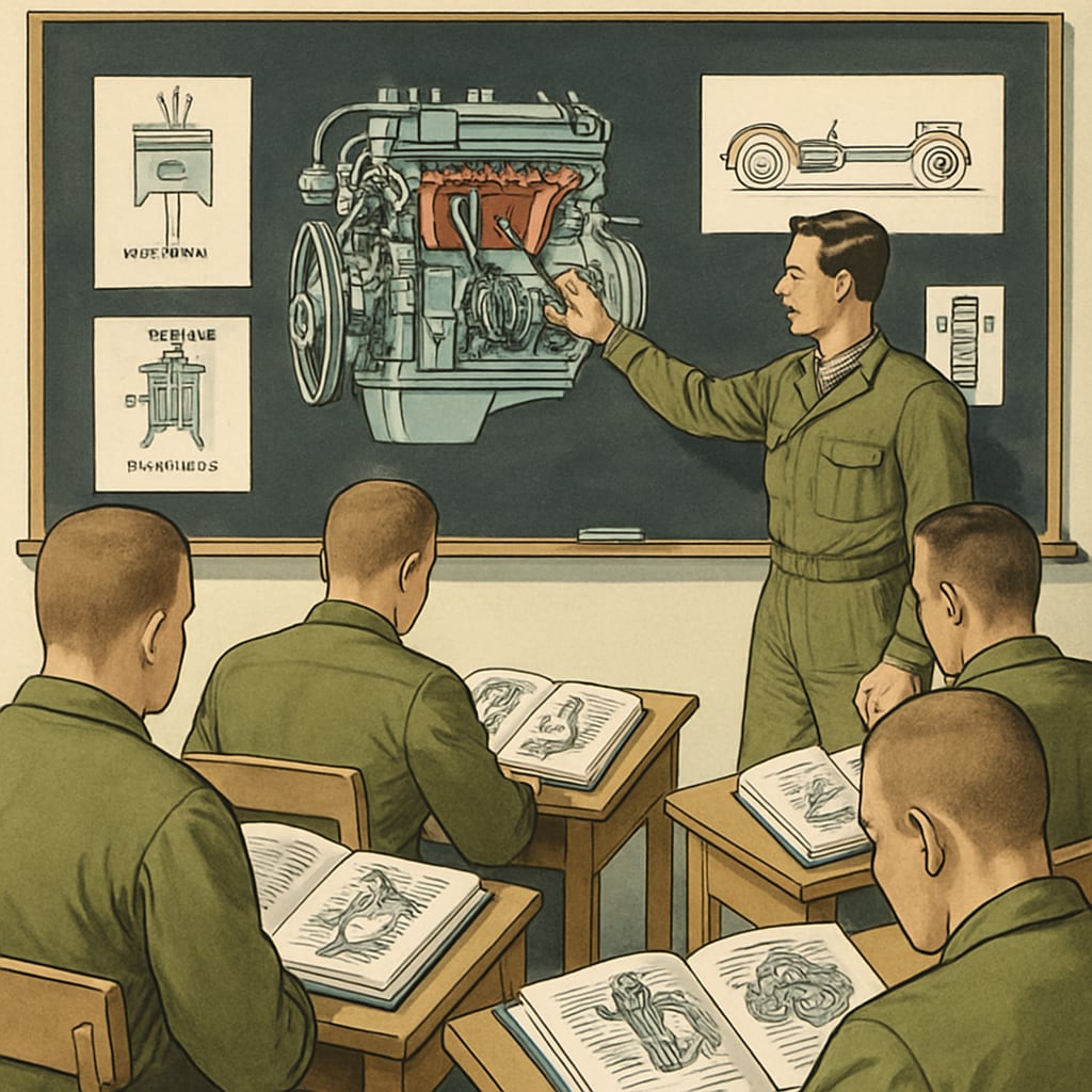 A classroom with military personnel studying automotive engineering concepts. Military personnel in an automotive engineering class.