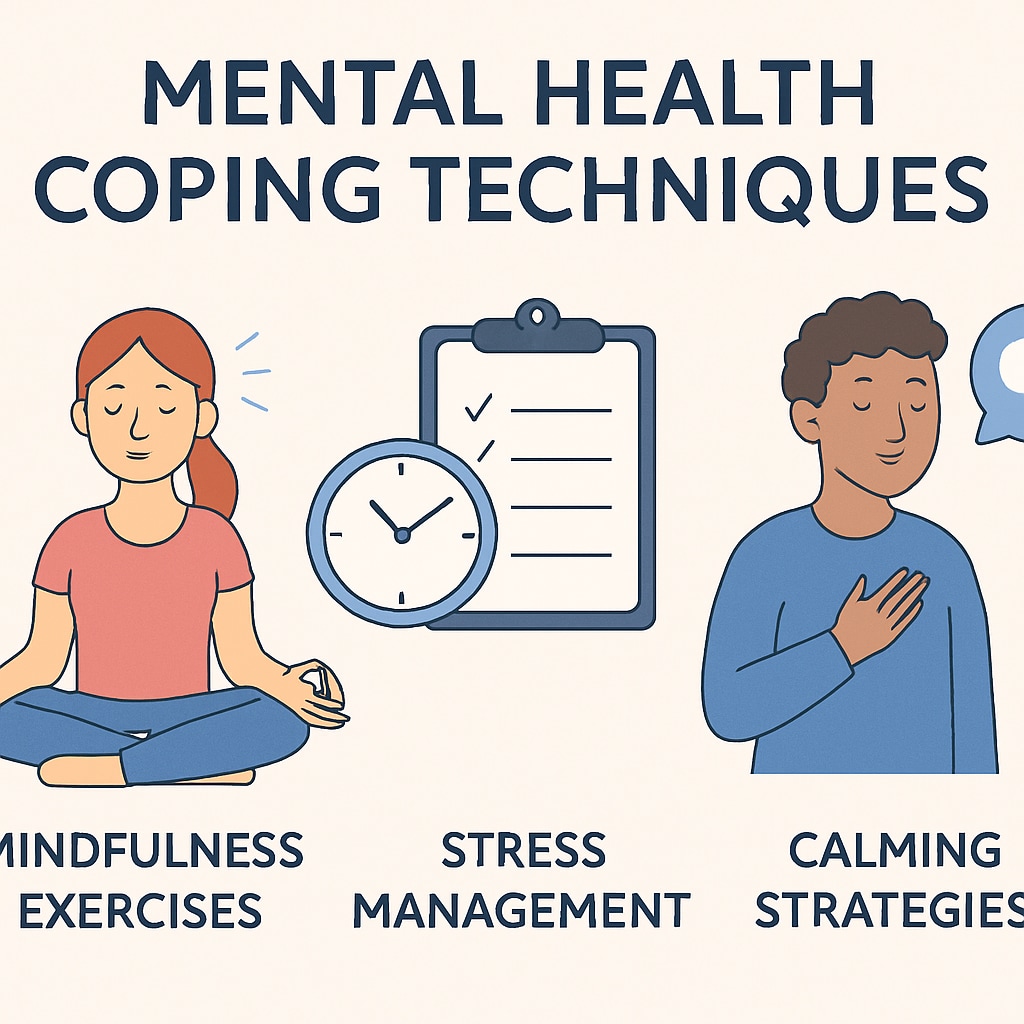 A slide presentation with graphics showing mental health coping techniques, such as mindfulness exercises and stress management tips. Slide presentation on mental health coping strategies for high school students.