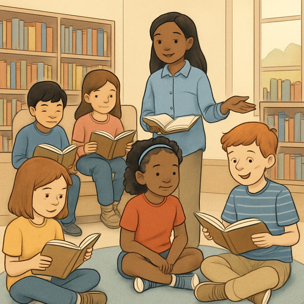 A group of children participating in a library event, showcasing the importance of community-driven reading initiatives. Children engaging in a library event that promotes reading interest and collaboration.