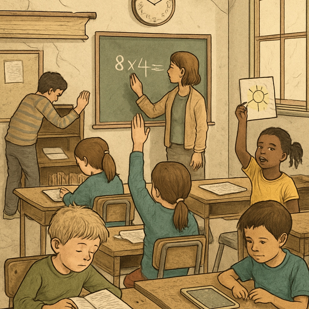 A classroom in a public school with students engaged in activities, illustrating the challenges posed by reduced funding. Public school classroom showing students and teacher, related to education funding challenges.