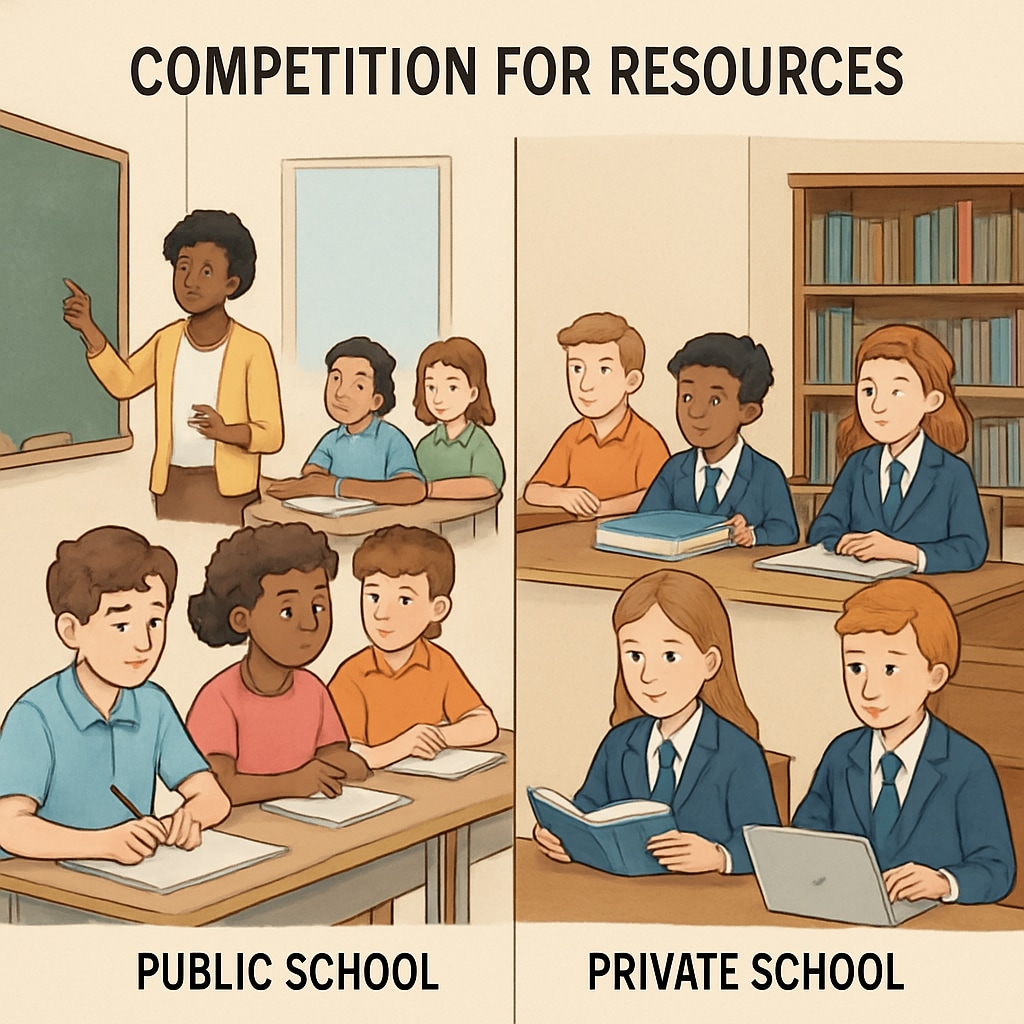 A classroom filled with students and a teacher, representing the competition for resources between public and private schools. A classroom symbolizing education funding competition between public and private schools.