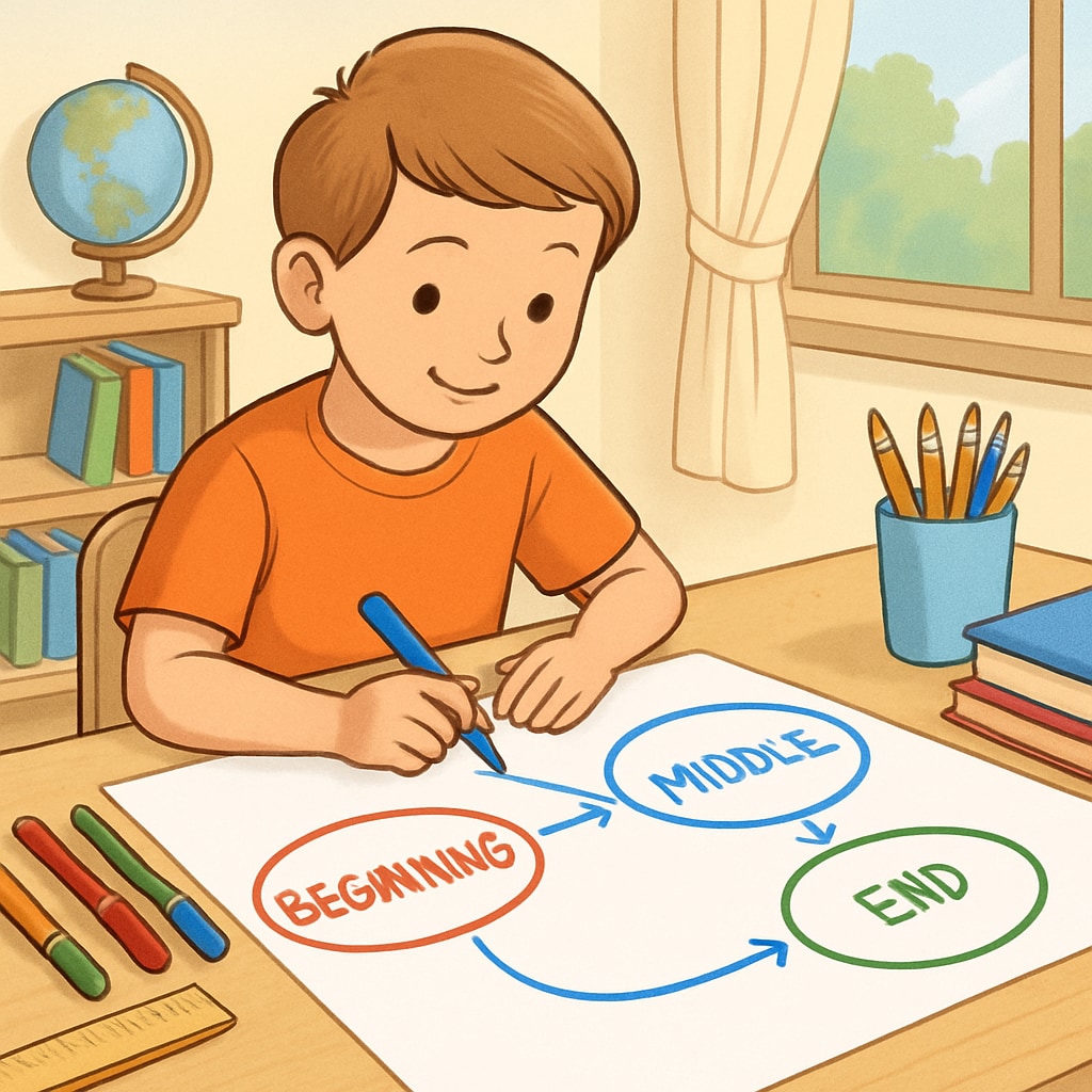 Child making a story map to improve reading comprehension and interest.