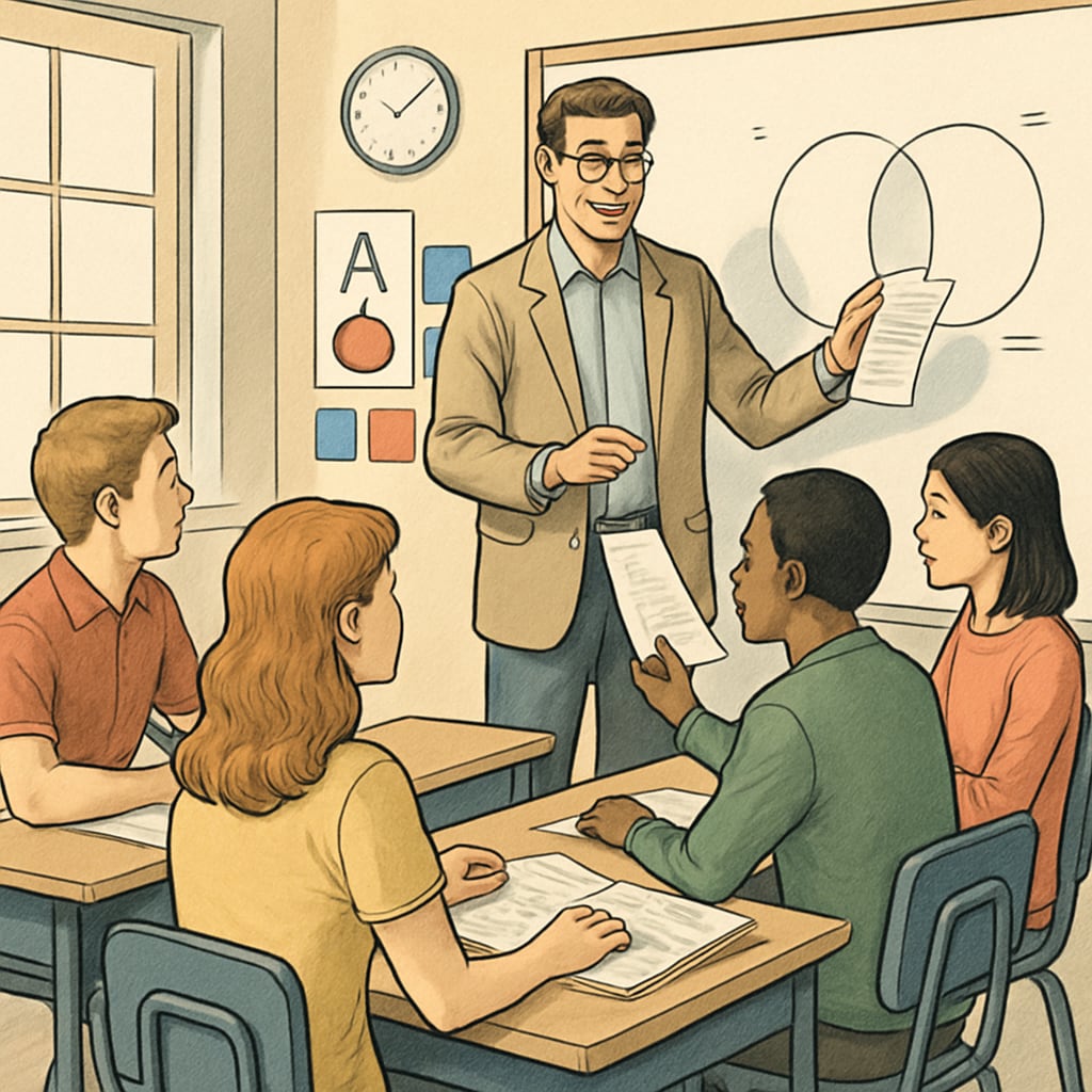 A teacher conducting a workshop with students, demonstrating improved teaching methods as part of public school reforms. Public school teacher leading a workshop, showcasing innovative teaching strategies.