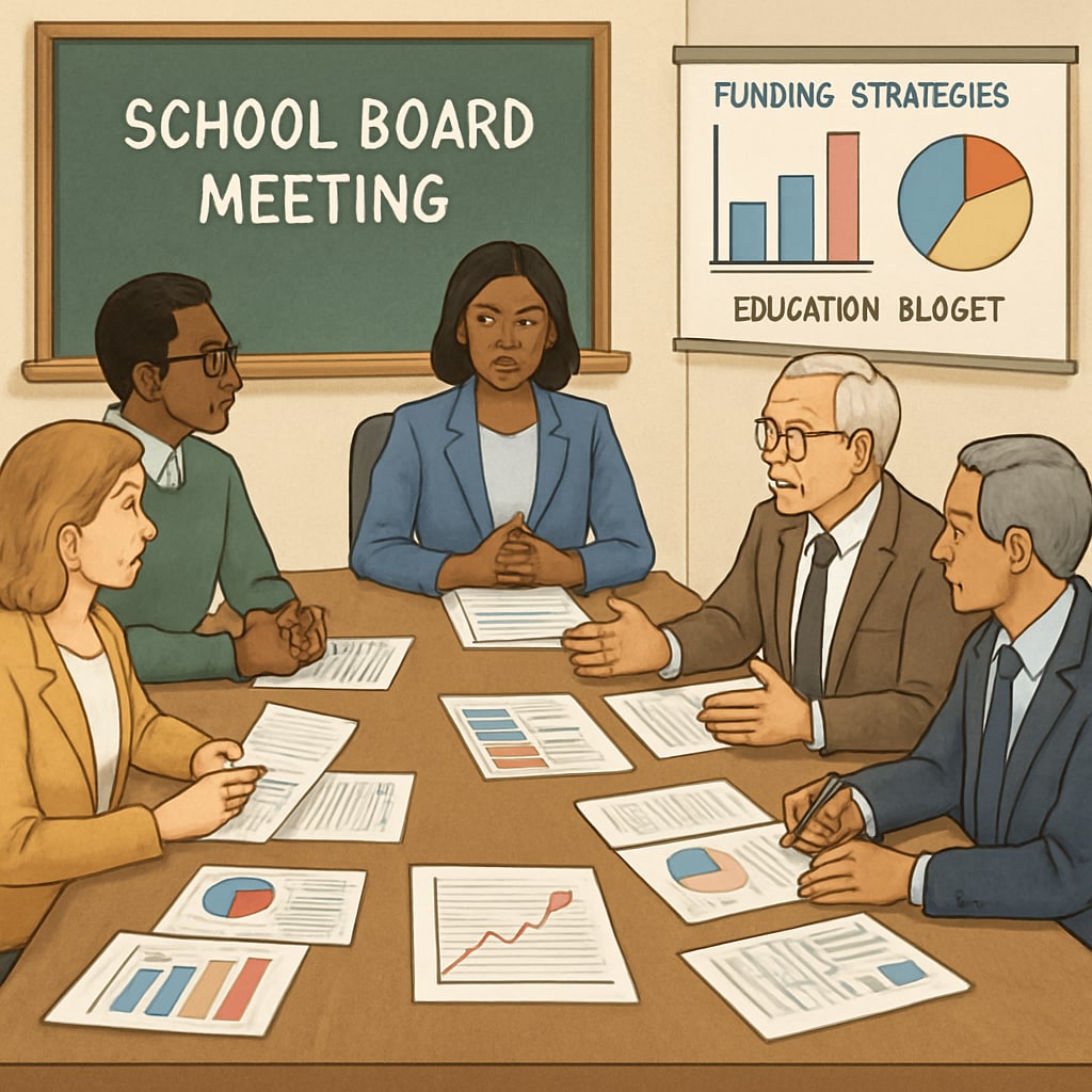 A school board meeting where funding strategies for public education are being discussed. A school board meeting discussing public education funding strategies.