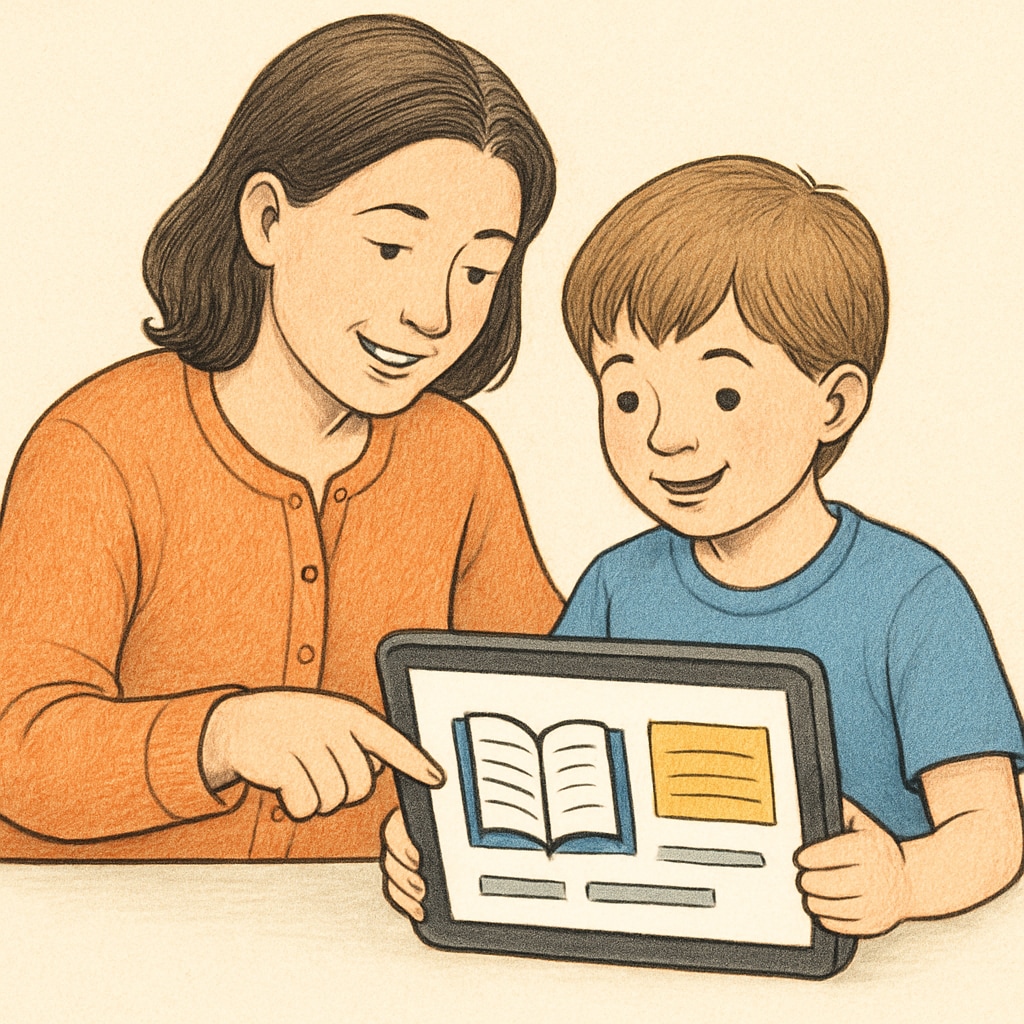 Parent and child using digital resources for reading comprehension practice.