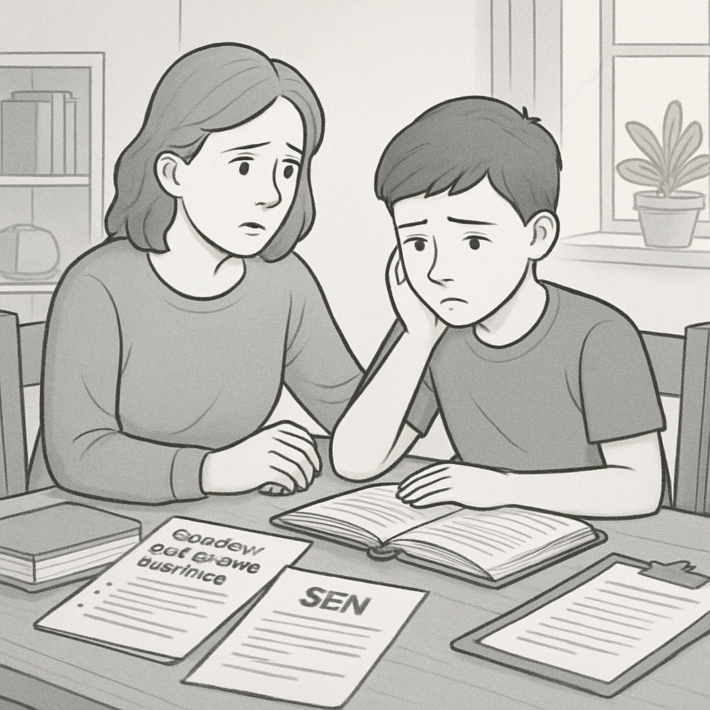 A parent and child dealing with challenges related to special educational needs.