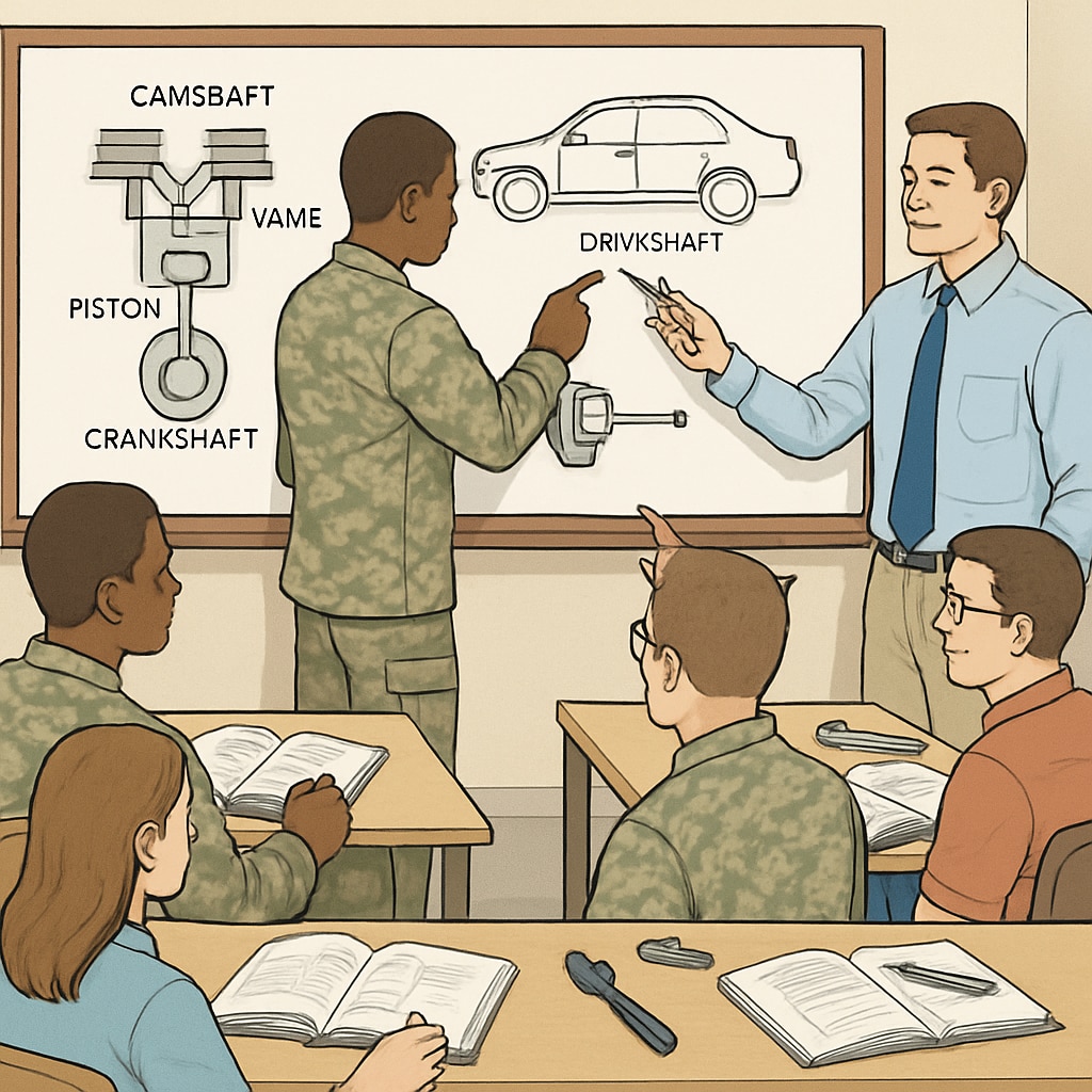 A group of students and military personnel studying automotive engineering concepts in a classroom setting. Military students studying automotive engineering with a focus on bachelor's degree programs.