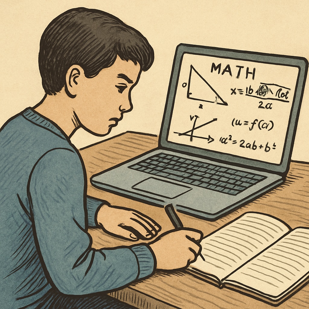 A student studying math concepts on a laptop, with a notebook and pen nearby, suggesting focused preparation. Math aptitude test preparation with laptop and notebook
