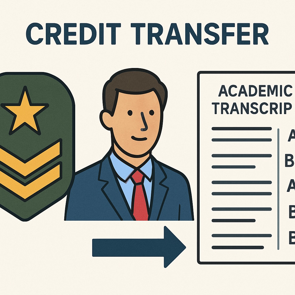 A visual representation of a credit transfer process, including a military badge and academic transcript. Illustration of academic credit transfer for military personnel transitioning to bachelor's degrees.