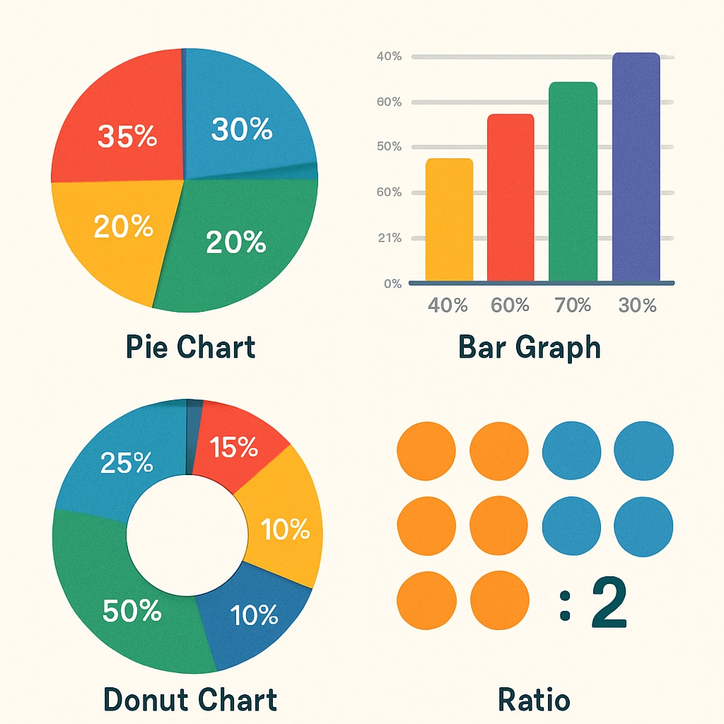 A visual representation of percentages and ratios, with colorful graphs and charts, emphasizing the importance of these concepts. Colorful graphs explaining percentages and ratios for math aptitude tests