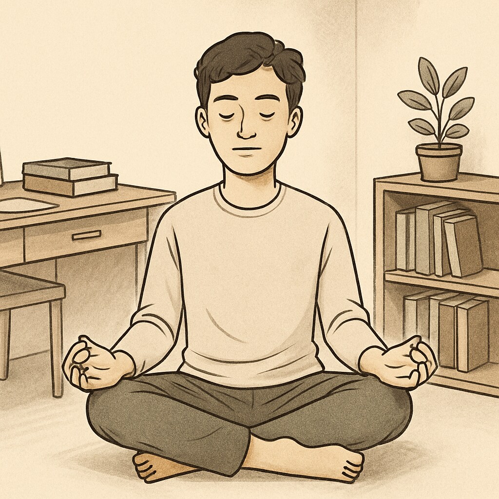 A student practicing mindfulness by meditating in a quiet room, symbolizing a proactive approach to managing exam anxiety. Managing GCSE results and academic anxiety through mindfulness.
