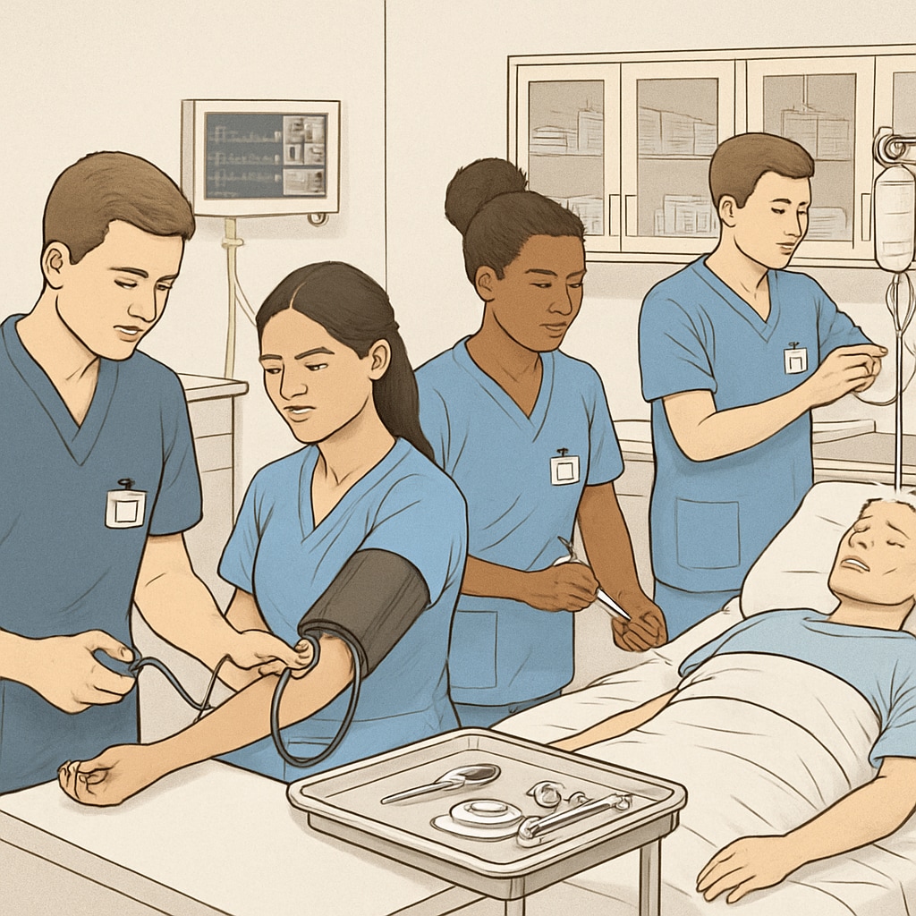 A group of nursing students in a clinical lab, engaging in hands-on training. Nursing students in a clinical lab performing practical exercises.