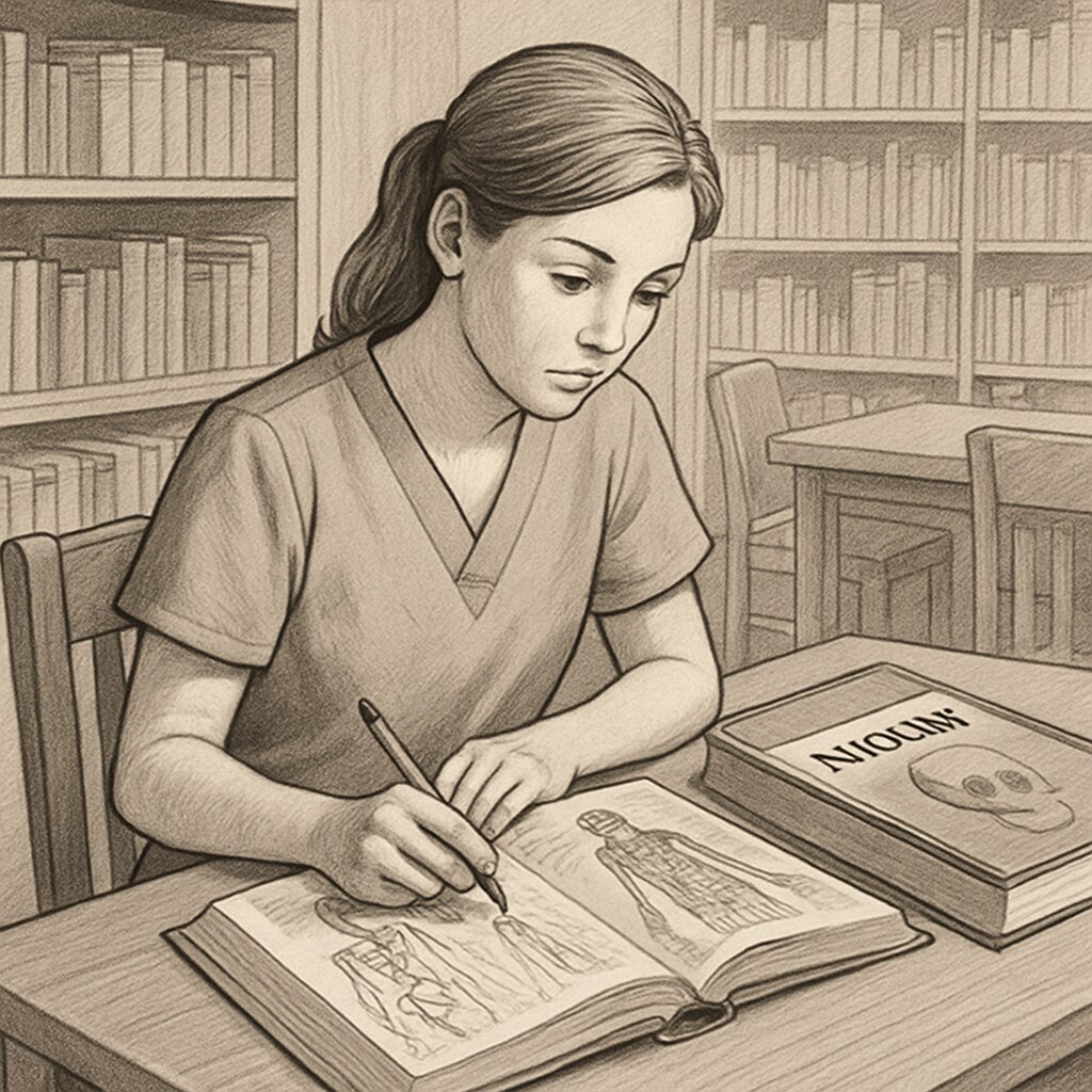 A nursing student studying anatomy textbooks in a quiet library setting, indicating the academic rigor of nursing programs. Nursing student preparing for transfer with anatomy books and notes.