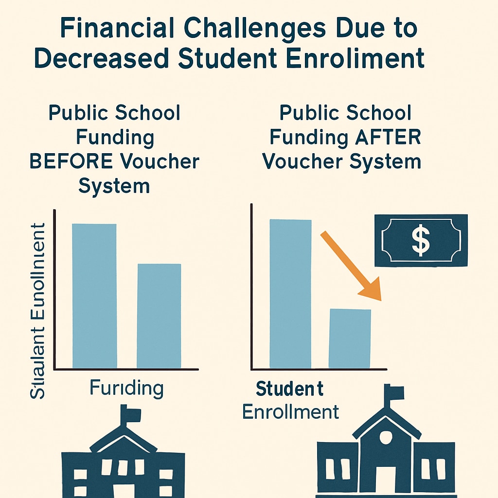 Infographic showing the financial impact of education vouchers on public school funding and enrollment.