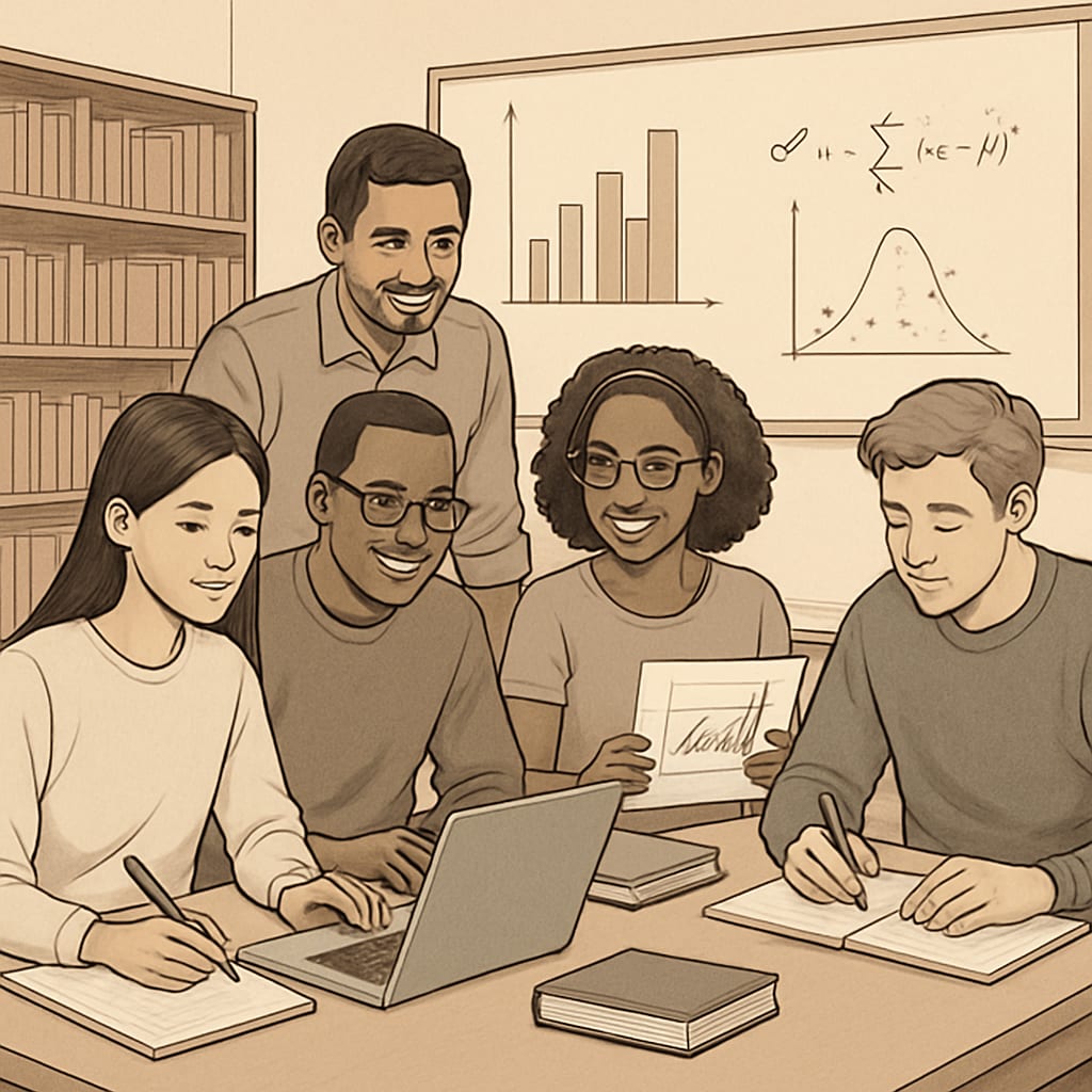 International students engaged in data science studies, highlighting diversity and collaboration.