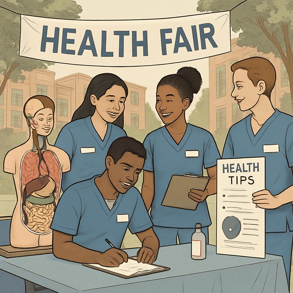 A diverse group of nursing students engaging in a campus health fair, symbolizing the importance of campus involvement. Nursing students participating in a campus health fair to balance academics and campus life.
