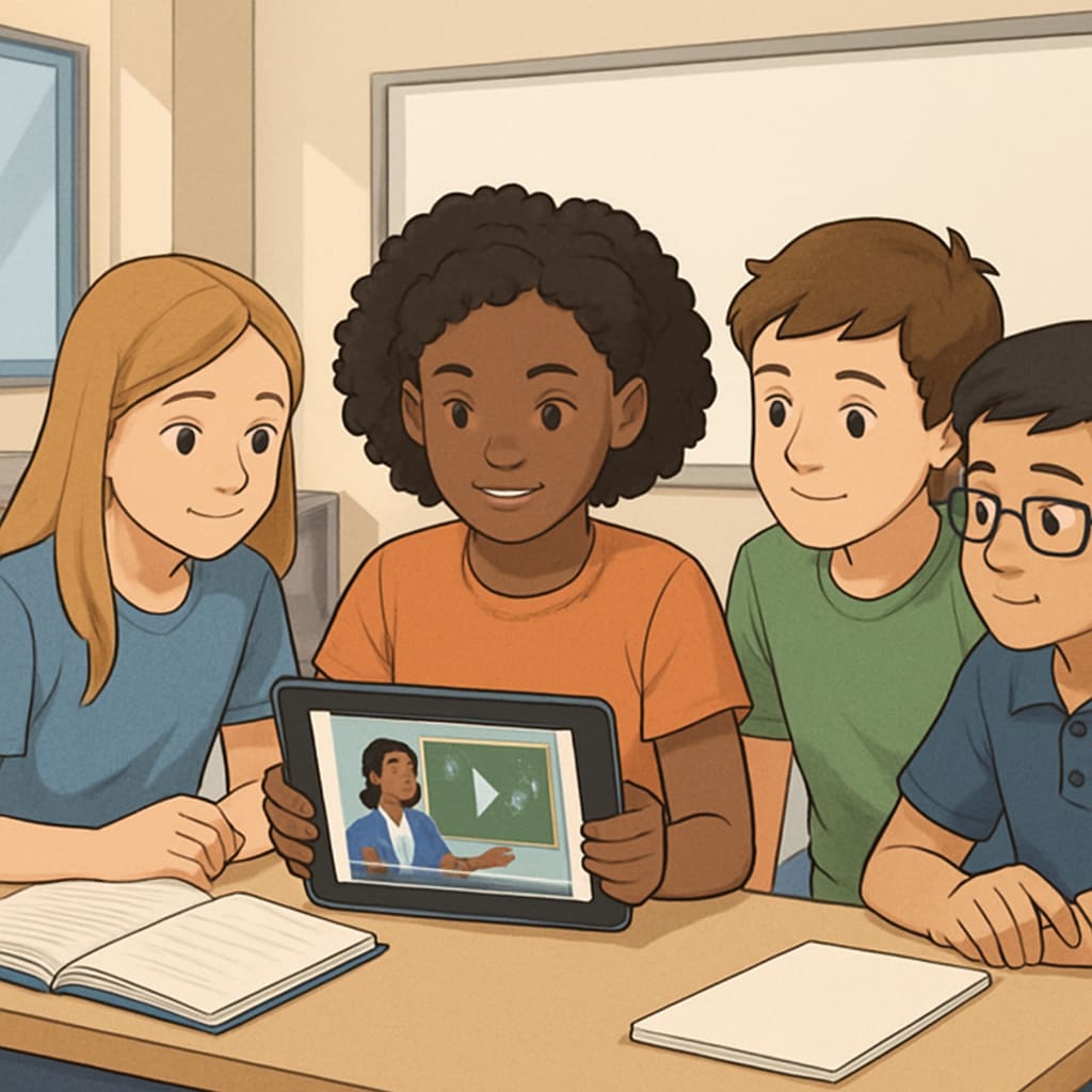 A group of K12 students engaging with an educational short video on a tablet. This image reflects the growing use of short videos as learning tools in modern classrooms. K12 students watching an educational short video on a tablet.