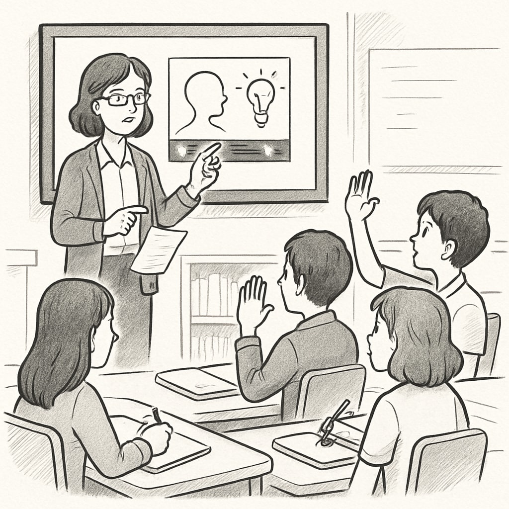 A teacher and students discussing the educational content of a short video during a classroom session. This highlights the collaborative use of short videos in educational settings. Teacher and students analyzing an educational short video together in class.