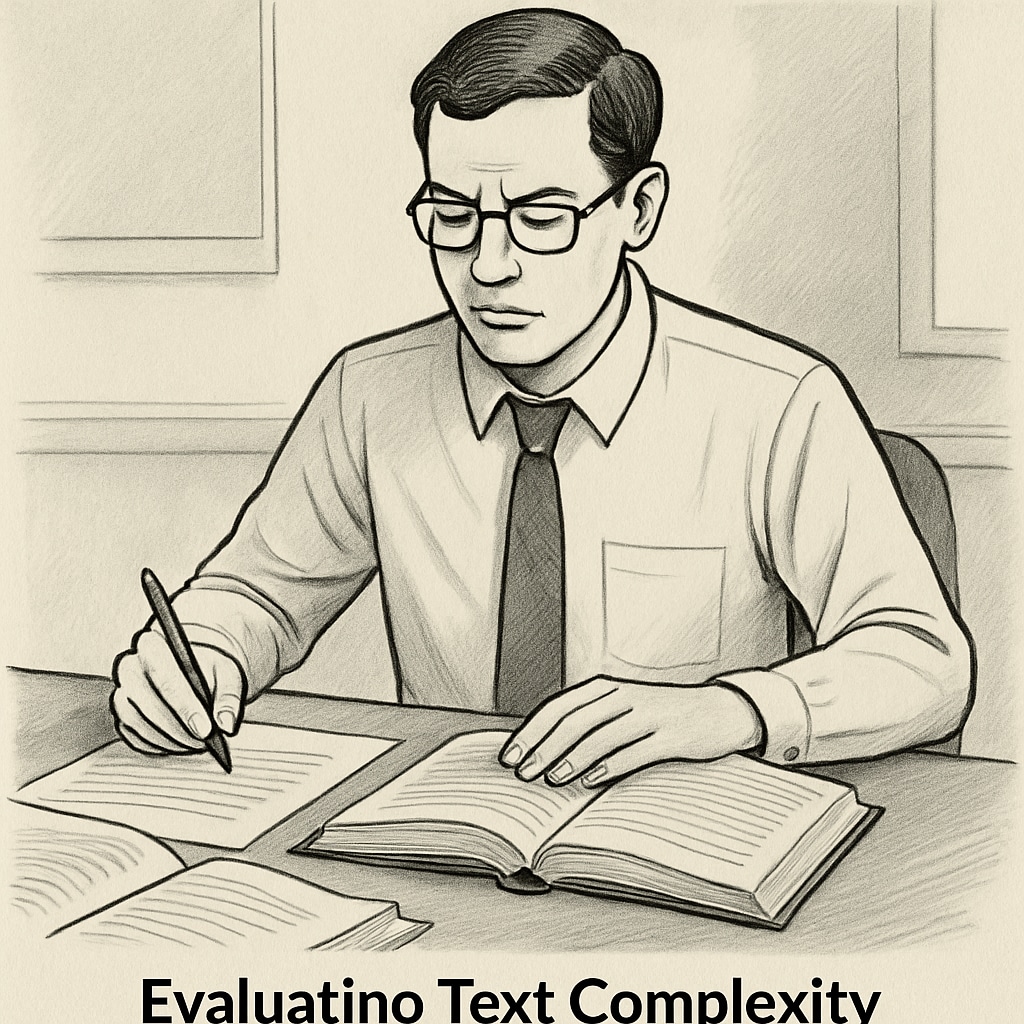 Teacher evaluating reading materials for text complexity research.