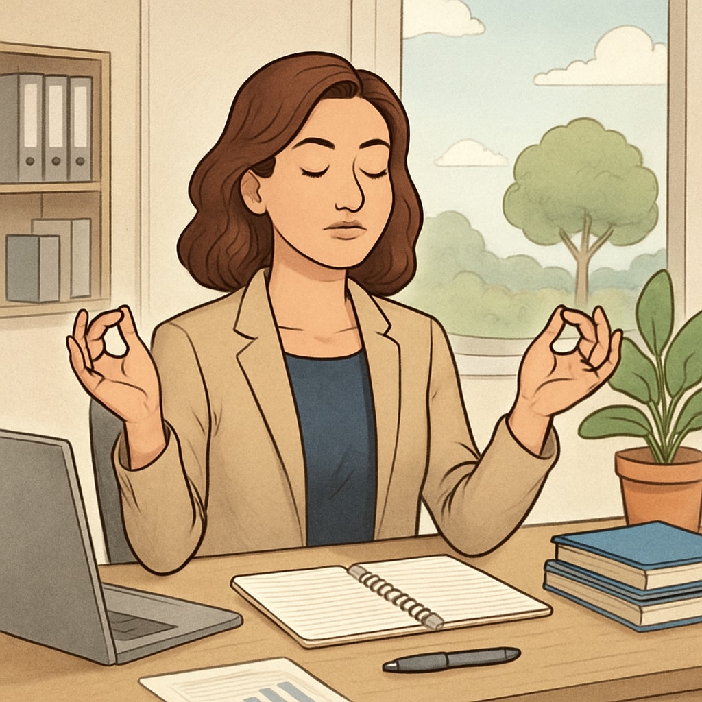 A woman entrepreneur practicing mindfulness in her office, inspired by Sadhguru's teachings. Woman entrepreneur practicing mindfulness inspired by Sadhguru's communication practices.