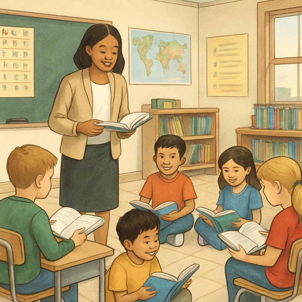 Teacher guiding students in a classroom reading activity.