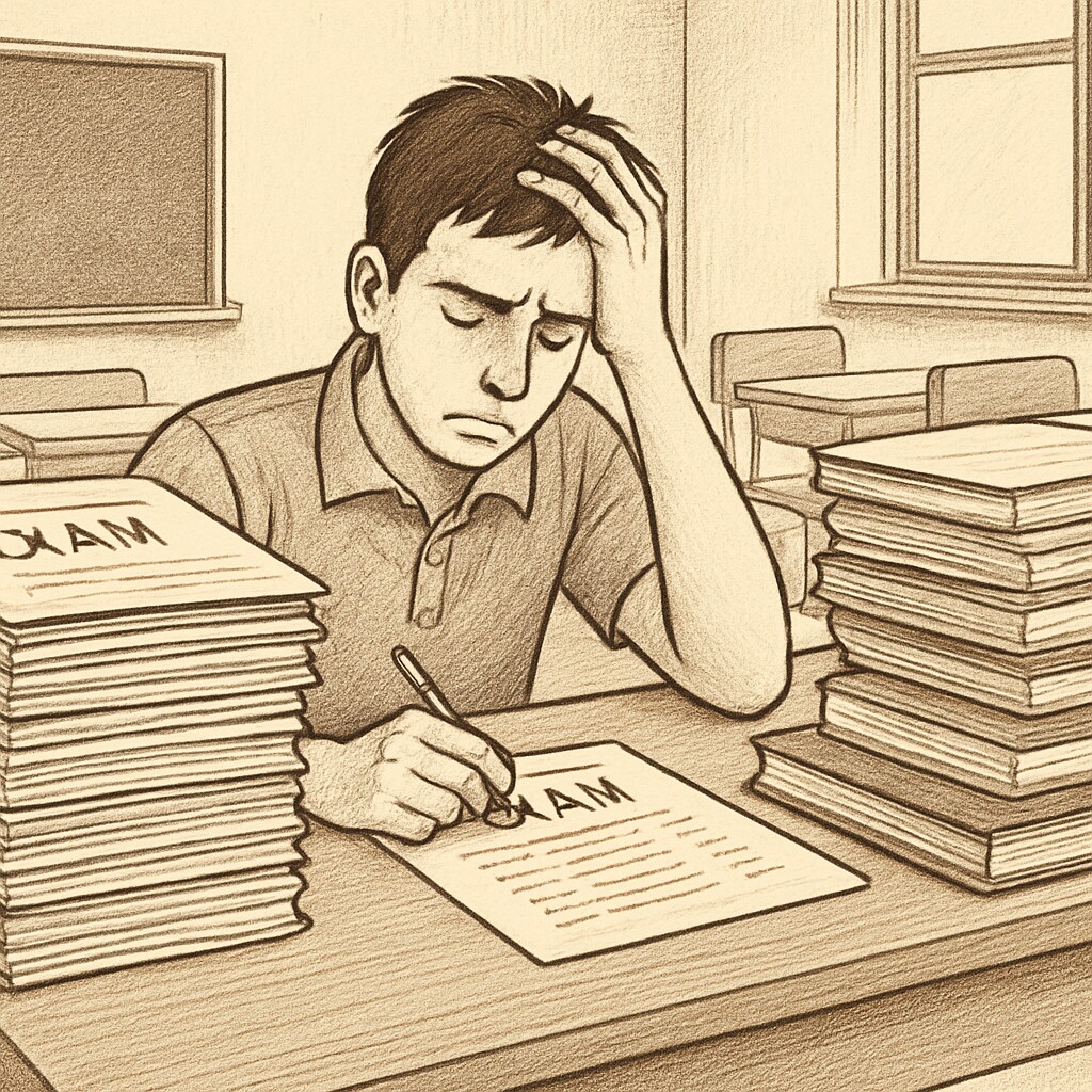 A stressed Turkish student sitting at a desk surrounded by exam papers. This image highlights the pressure created by Turkey’s exam-driven education system. Stressed Turkish student with exam papers, symbolizing exam pressure in education.