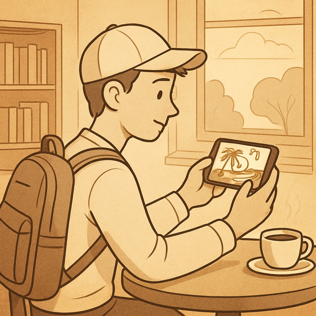 A young traveler watching a short video about a travel destination on their phone, sitting in a café. Traveler watching travel short video to plan a trip.